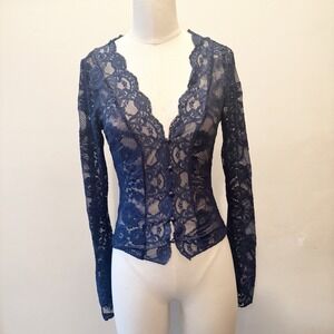 Femme Society Navy Blue Lace V Neck Sleeve Sheer Top Fairy Goth Romantic